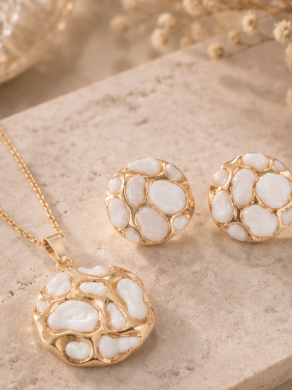 Elegant Gold & White Statement Necklace and Earrings Set
